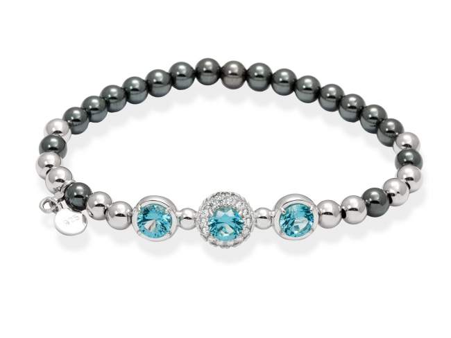 Bracelet MAUI Blue in silver de Marina Garcia Joyas en plata Bracelet in ruthenium and rhodium plated 925 sterling silver, white cubic zirconia and synthetic stone in aquamarine color. (wrist size: 17 cm.)