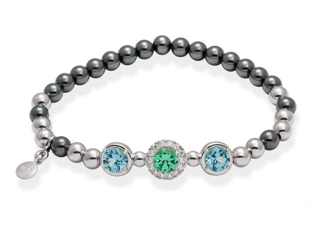 Bracelet MAUI Green in silver de Marina Garcia Joyas en plata Bracelet in ruthenium and rhodium plated 925 sterling silver, white cubic zirconia, synthetic stone in aquamarine color and synthetic stone in emerald color. (wrist size: 17 cm.)