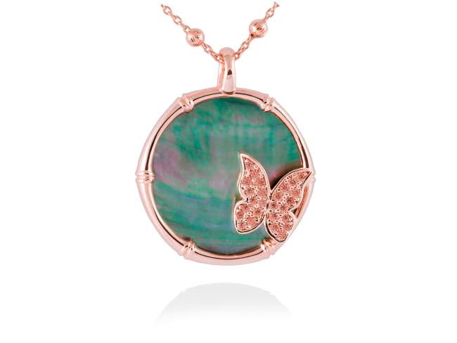Pendant BAMBOO Grey in rose silver de Marina Garcia Joyas en plata Pendant in 18kt rose gold plated 925 sterling silver and brown cubic zirconia and black mother-of-pearl coin shape. (external diameter: 3 cm.)  (Chain is not included)