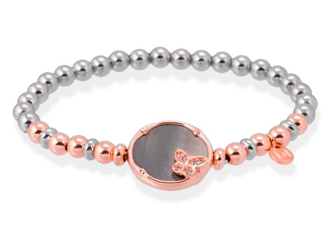 Bracelet BAMBOO Grey in rose silver de Marina Garcia Joyas en plata Bracelet in 18kt rose gold and rhodium plated 925 sterling silver, white cubic zirconia and black mother-of-pearl coin shape. (wrist size: 17 cm.)