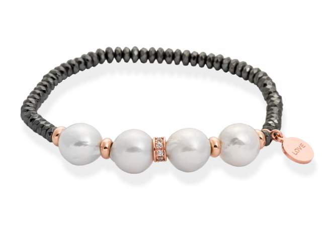 Bracelet GURU PEARL Pearl in rose silver de Marina Garcia Joyas en plata Bracelet in 18kt rose gold plated 925 sterling silver with white cubic zirconia, faceted hematite and freshwater cultured pearls. (wrist size: 17,5 cm.)