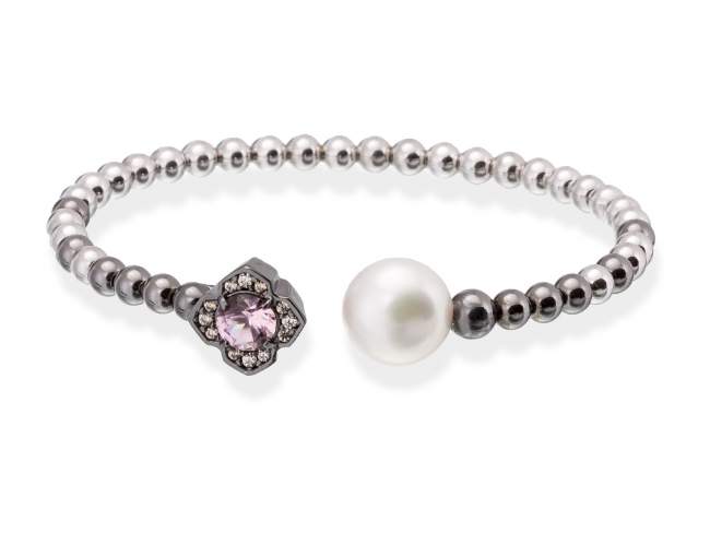 Bracelet MAUI Pink in black silver de Marina Garcia Joyas en plata Bracelet in ruthenium and rhodium plated 925 sterling silver with cognac cubic zirconia, synthetic morganite and freshwater cultured pearl. (wrist size: 18 cm.)
