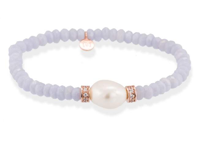 Bracelet NAYA Pearl in rose silver de Marina Garcia Joyas en plata Bracelet in 18kt rose gold plated 925 sterling silver with white cubic zirconia, blue chalcedony cabochon and freshwater cultured pearl. (wrist size:  16,5  cm.)