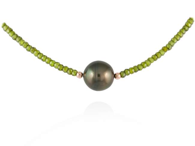 Gargantilla TAHITI Verde en plata rosa de Marina Garcia Joyas en plata Gargantilla de plata de primera ley (925) chapada en oro rosa de 18kt con zircon verde facetado y perla Tahití barroca. (largo: 40+3 cm.)