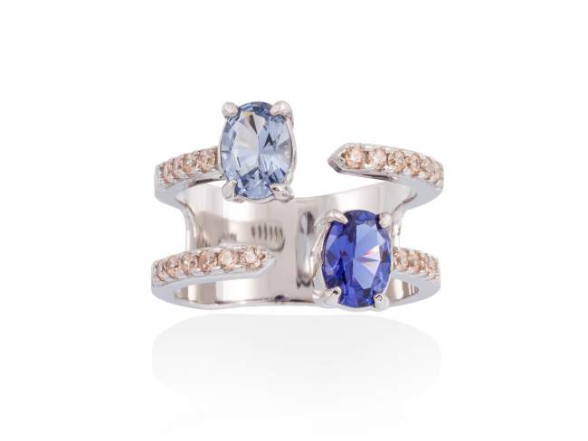 Ring TWIN Blue in silver de Marina Garcia Joyas en plata Ring in rhodium plated 925 sterling silver, cognac cubic zirconia, synthetic stone in blue color and synthetic stone 