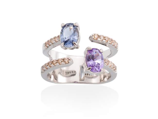 Ring TWIN Lila in silber de Marina Garcia Joyas en plata Ring in Silber (925) rhodiniert, Cognac Zirkonia, synthetischer Stein in blauer Farbe und Synthetischenn in Lavendel Farbe.  