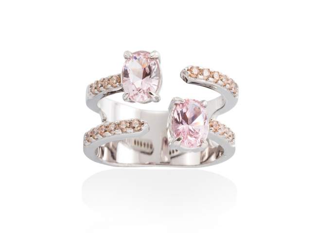Ring TWIN Pink in silver de Marina Garcia Joyas en plata Ring in rhodium plated 925 sterling silver, cognac cubic zirconia, synthetic stone in pink color and synthetic stone water pink.  