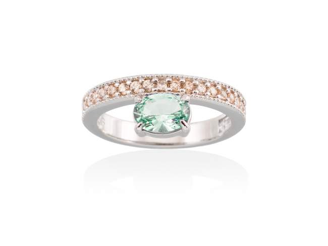 Ring PASTEL Green in silver de Marina Garcia Joyas en plata Ring in rhodium plated 925 sterling silver, cognac cubic zirconia and synthetic stone in light green color.