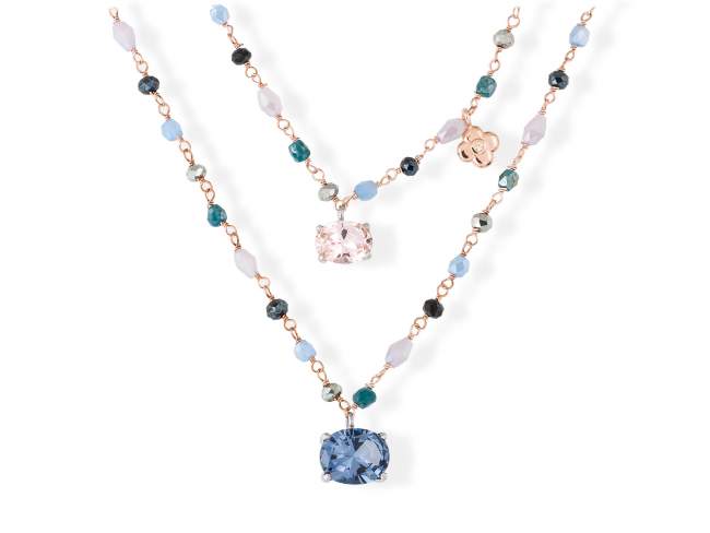 Necklace PASTEL Blue in rose silver de Marina Garcia Joyas en plata Necklace in 18kt rose gold and rhodium plated 925 sterling silver, cognac cubic zirconia, synthetic stone in blue color and synthetic stone water pink. (length: 40+3 cm.)