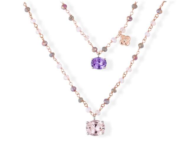 Necklace PASTEL Pink in rose silver de Marina Garcia Joyas en plata Necklace in 18kt rose gold and rhodium plated 925 sterling silver, cognac cubic zirconia, synthetic stone in lavender color and synthetic stone water pink. (length: 40+3 cm.)
