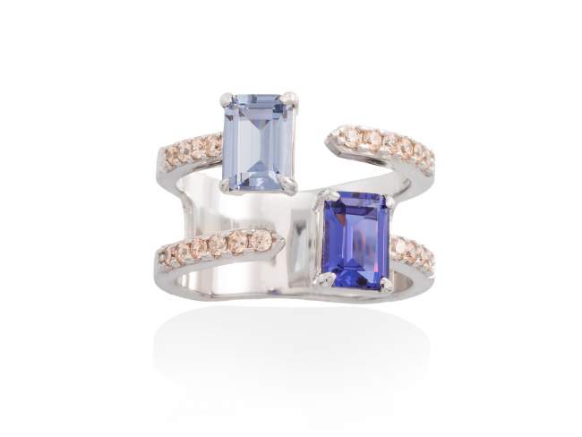 Ring PASTEL Blue in silver de Marina Garcia Joyas en plata Ring in rhodium plated 925 sterling silver, cognac cubic zirconia, synthetic stone in blue color and synthetic stone 