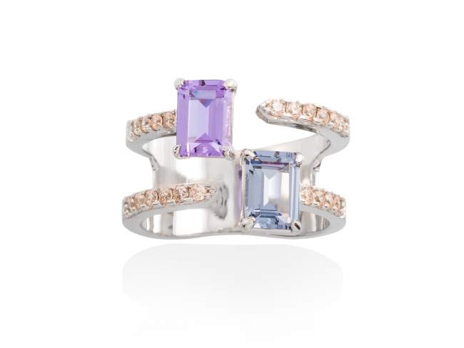 Ring PASTEL Lila in silber de Marina Garcia Joyas en plata Ring in Silber (925) rhodiniert, Cognac Zirkonia, synthetischer Stein in blauer Farbe und Synthetischenn in Lavendel Farbe.