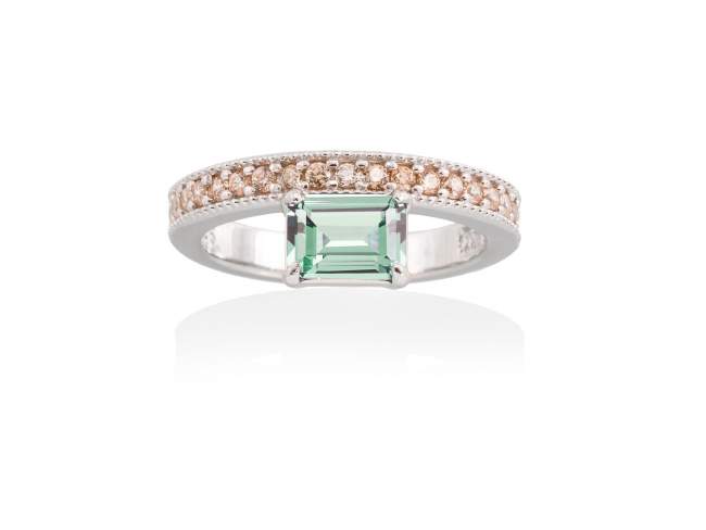 Ring PASTEL Green in silver de Marina Garcia Joyas en plata Ring in rhodium plated 925 sterling silver, cognac cubic zirconia and synthetic stone in light green color.