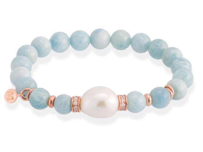 Bracelet AQUA Pearl in rose silver de Marina Garcia Joyas en plata Bracelet in 18kt rose gold plated 925 sterling silver with white cubic zirconia, faceted aquamarine and freshwater cultured pearl.  (wrist size: 18 cm.)