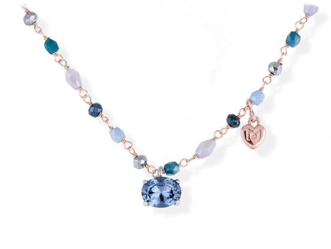 Necklace PASTEL Blue in rose silver de Marina Garcia Joyas en plata Necklace in 18kt rose gold and rhodium plated 925 sterling silver, cognac cubic zirconia and synthetic stone in blue color. (length: 42+3  cm.)