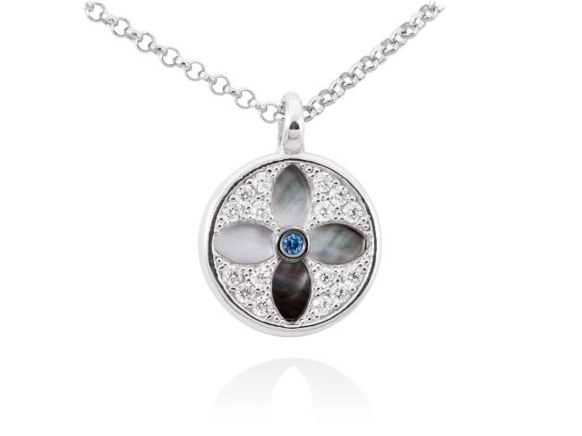 Bracelet DUOMO Blue in silver de Marina Garcia Joyas en plata Bracelet in rhodium plated 925 sterling silver, white cubic zirconia, synthetic blue spinel and black mother-of-pearl coin shape. (Length of necklace:  40+5 cm. Size of pendant: 1,5 cm.)