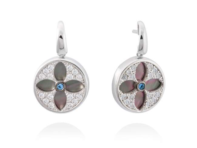 Earrings DUOMO Blue in silver de Marina Garcia Joyas en plata Earrings in rhodium plated 925 sterling silver, white cubic zirconia, synthetic blue spinel and black mother-of-pearl coin shape. (size: 2,5 cm.)