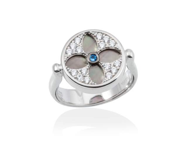 Ring DUOMO Blue in silver de Marina Garcia Joyas en plata Ring in rhodium plated 925 sterling silver, white cubic zirconia, synthetic blue spinel and black mother-of-pearl coin shape.  