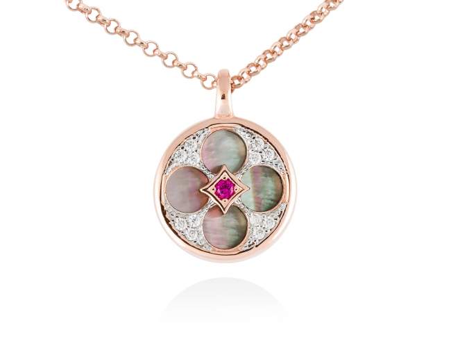 Necklace FIRENZE Fuchsia in rose silver de Marina Garcia Joyas en plata Necklace in 18kt rose gold plated 925 sterling silver, white cubic zirconia, synthetic fuchsia sapphire and black mother-of-pearl coin shape. (Length of necklace: 40+5 cm. Size of pendant: 1,5 cm.)