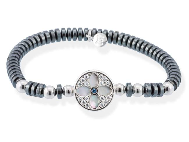 Bracelet DUOMO Blue in silver de Marina Garcia Joyas en plata Bracelet in rhodium plated 925 sterling silver, white cubic zirconia, synthetic blue spinel, black mother-of-pearl coin shape and hematite. (wrist size: 16,5 cm.)