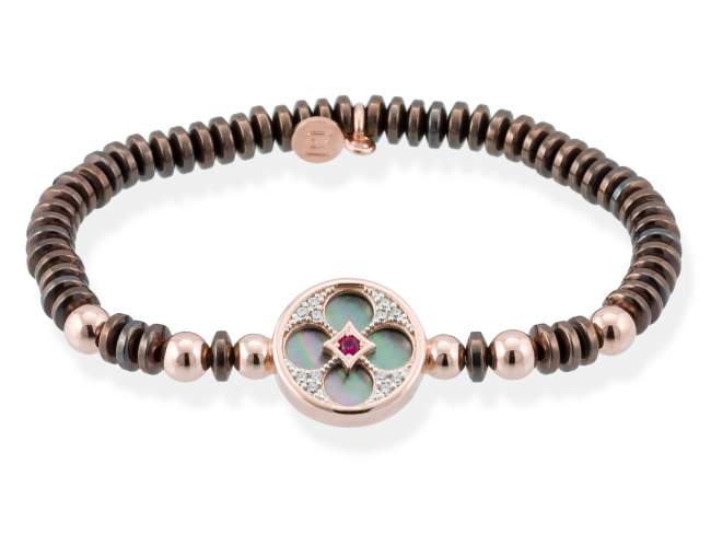 Bracelet FIRENZE Fuchsia in rose silver de Marina Garcia Joyas en plata Bracelet in 18kt rose gold plated 925 sterling silver, white cubic zirconia, synthetic fuchsia sapphire, black mother-of-pearl coin shape and brown coated hematite. (wrist size: 16,5 cm.)