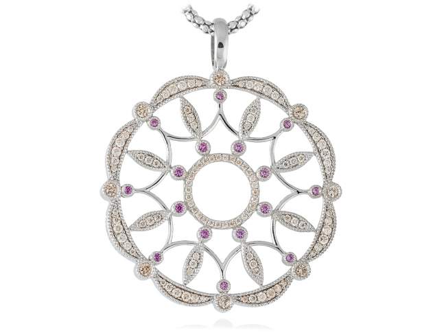 Pendant LAZE Pink in silver de Marina Garcia Joyas en plata Pendant in rhodium plated 925 sterling silver, cognac cubic zirconia and synthetic pink sapphire. (size: 6,3  cm.)  (Chain is not included)