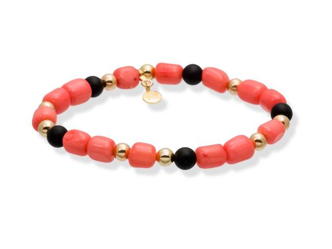 Bracelet MARE Coral in golden silver de Marina Garcia Joyas en plata Bracelet in 18kt yellow gold plated 925 sterling silver with matte black onyx beads and dyed bamboo coral. (wrist size: 17,5 cm.)  de Marina Garcia Joyas en plata Bracelet in 18kt yellow gold plated 925 sterling silver with matte black onyx beads and dyed bamboo coral. (wrist size: 17,5 cm.)