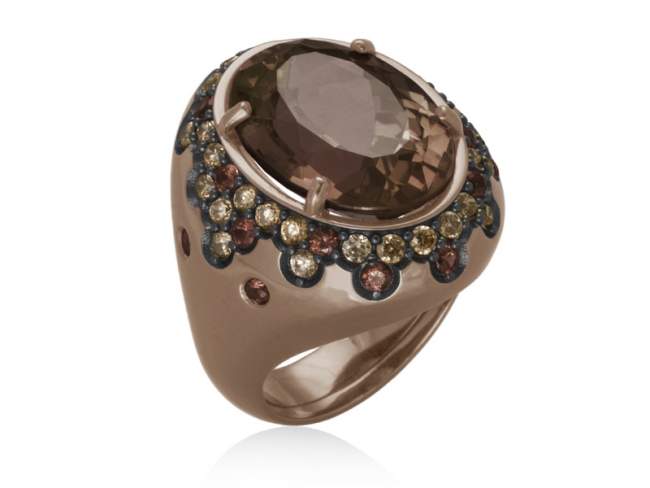 Ring KELLY Brown in rose Silver de Marina Garcia Joyas en plata Ring in 18kt rose gold plated 925 sterling silver, cubic zirconia and faceted smoky quartz.