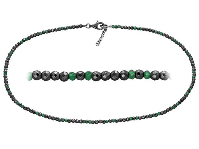  K825THV42 de Marina Garcia Joyas en plata Necklace in ruthenium plated 925 sterling silver, faceted hematite and green agate. (length 42 cm)