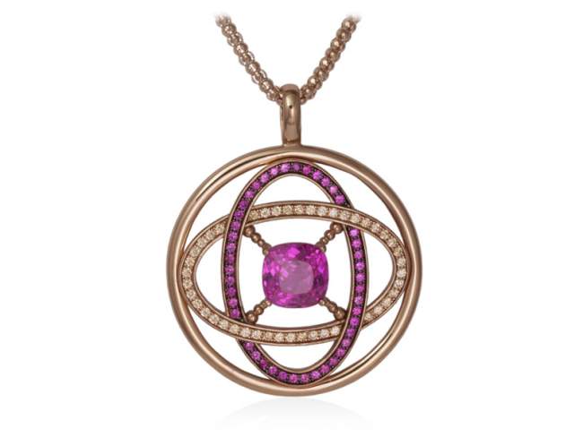 Pendant METZ Fuchsia in rose Silver de Marina Garcia Joyas en plata Pendant in 18kt rose gold plated 925 sterling silver, with cognac cubic zirconia and synthetic pink sapphire  (Chain is not included)