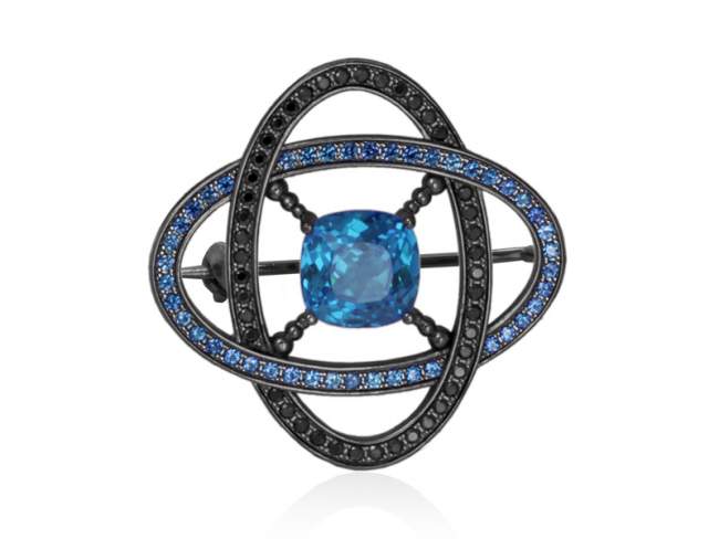 Brooch METZ Blue in silver de Marina Garcia Joyas en plata Brooch in ruthenium plated 925 sterling silver with synthetic black spinel and synthetic blue spinel.  