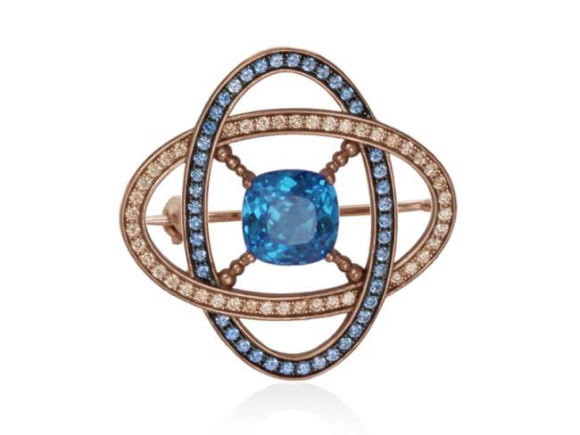Brooch METZ Blue in rose Silver de Marina Garcia Joyas en plata Brooch in 18kt rose gold plated 925 sterling silver with cognac cubic zirconia and synthetic blue spinel.  