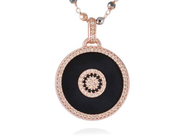 Pendant FULL MOON  in rose silver de Marina Garcia Joyas en plata Pendant in 18kt rose gold plated 925 sterling silver, synthetic black spinel, cognac cubic zirconia and black onyx. (size: 4 cm.)  (Chain is not included)
