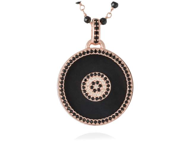 Pendant FULL MOON  in rose silver de Marina Garcia Joyas en plata Pendant in 18kt rose gold plated 925 sterling silver, synthetic black spinel, cognac cubic zirconia and black onyx. (size: 4 cm.)  (Chain is not included)