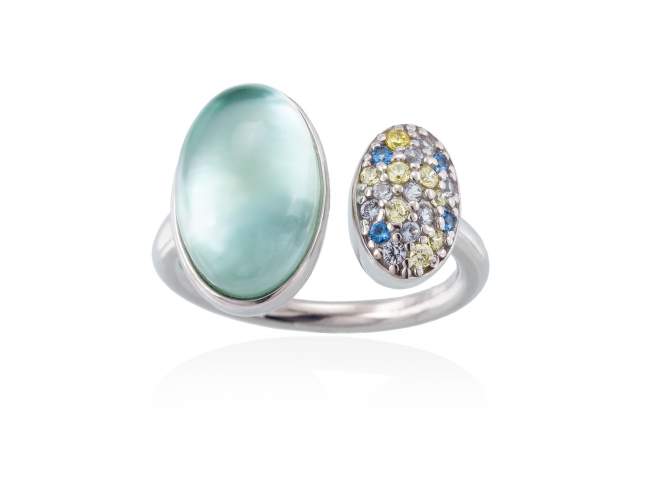 Ring HIDRA Green in silver de Marina Garcia Joyas en plata Ring in rhodium plated 925 sterling silver, multicolor cubic zirconia, mother of pearl, green agate and quartz doublet.  
