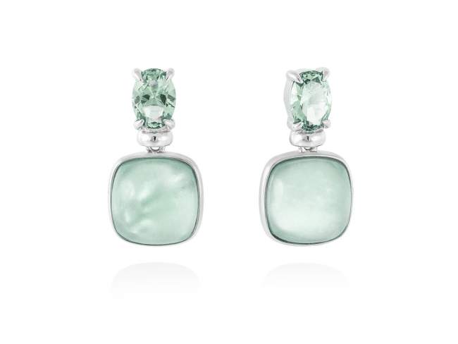 Earrings LAKE Green in silver de Marina Garcia Joyas en plata Earrings in rhodium plated 925 sterling silver, synthetic stone in light green color and mother of pearl, green agate and quartz doublet. (size: 2 cm.)