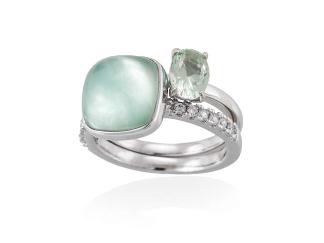 Ring LAKE Green in silver de Marina Garcia Joyas en plata Ring in rhodium plated 925 sterling silver, white cubic zirconia, synthetic stone in light green color and mother of pearl, green agate and quartz doublet.  