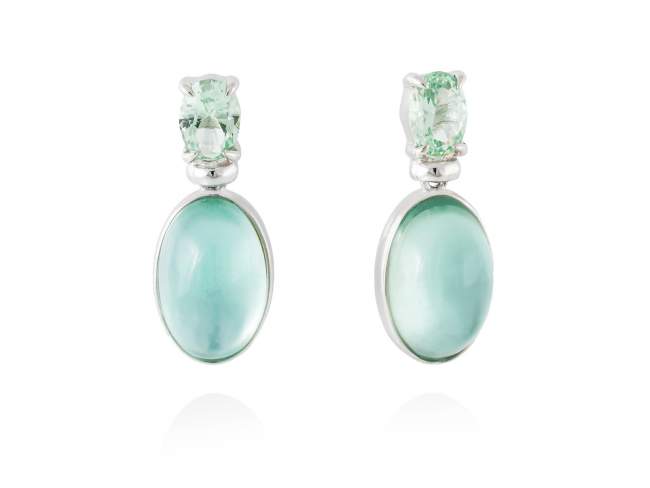 Earrings LAKE Green in silver de Marina Garcia Joyas en plata Earrings in rhodium plated 925 sterling silver, synthetic stone in light green color and mother of pearl, green agate and quartz doublet. (size: 2,5 cm.)