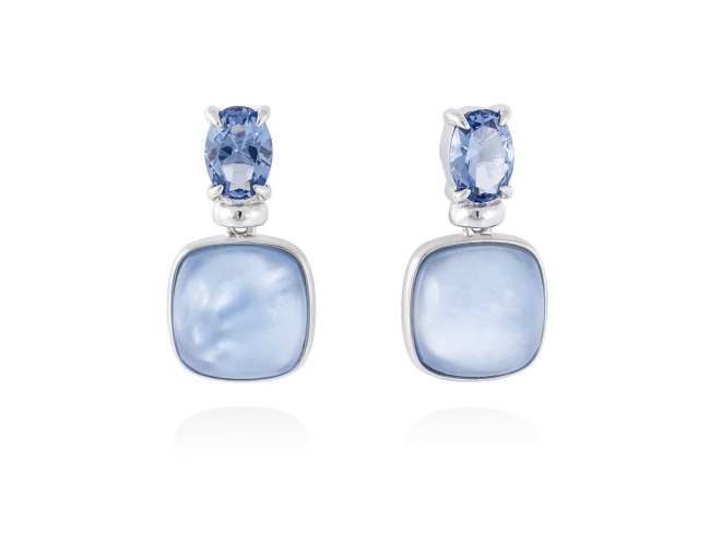 Earrings LAKE Blue in silver de Marina Garcia Joyas en plata Earrings in rhodium plated 925 sterling silver, synthetic stone in blue color and mother of pearl and synthetic blue saphire doublet. (size: 2 cm.)