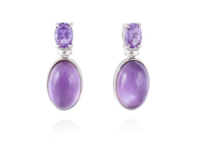Earrings LAKE Purple in silver de Marina Garcia Joyas en plata Earrings in rhodium plated 925 sterling silver, synthetic stone in lavender color and mother of pearl and amethyst doublet. (size: 2,5 cm.)