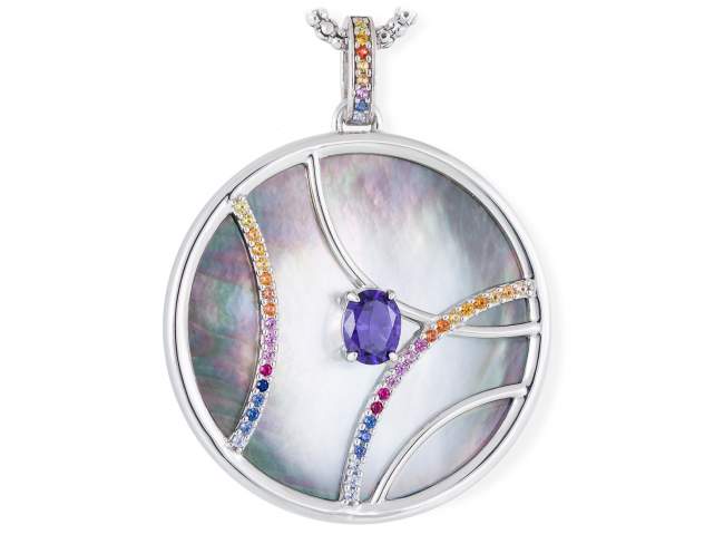 Pendant LIDO Blue in silver de Marina Garcia Joyas en plata Pendant in rhodium plated 925 sterling silver, multicolor cubic zirconia, synthetic stone in blue color and black mother-of-pearl coin shape. (size: 6 cm.)  (Chain is not included)