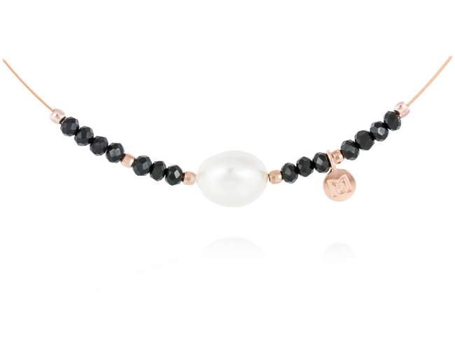 Necklace ZEN Black in rose silver de Marina Garcia Joyas en plata Necklace in 18kt rose gold plated 925 sterling silver with faceted black Strass glass and freshwater cultured pearl.  (length: 40 cm.)