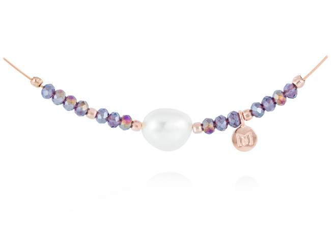 Necklace ZEN Purple in rose silver de Marina Garcia Joyas en plata Necklace in 18kt rose gold plated 925 sterling silver with faceted purple Strass glass and freshwater cultured pearl.  (length: 40 cm.)