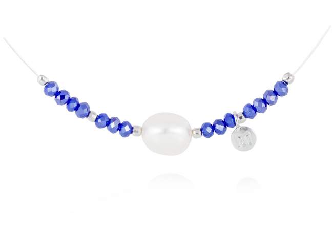 Necklace ZEN Blue in silver de Marina Garcia Joyas en plata Necklace in rhodium plated 925 sterling silver with faceted blue Strass glass and freshwater cultured pearl.  (length: 40 cm.)