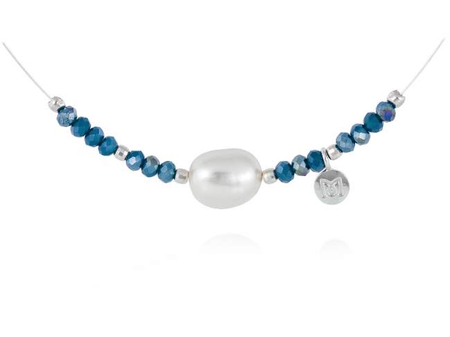 Halskette ZEN Blau in silber de Marina Garcia Joyas en plata Halskette in Silber (925) rhodiniert mit Facettierten London blau Farbe Strass und Süßwasser-Zuchtperle.  (Länge: 40 cm)