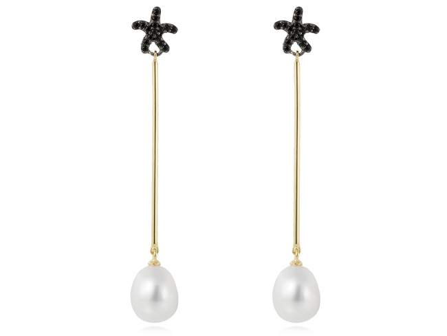 Earrings COIN Black in golden silver de Marina Garcia Joyas en plata Earrings in 18kt yellow gold and ruthenium plated 925 sterling silver, synthetic black spinel and freshwater cultured pearls. (size: 7 cm.)