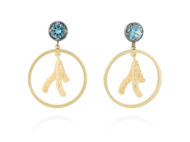 Earrings CORAL Blue in golden silver de Marina Garcia Joyas en plata Earrings in 18kt yellow gold and ruthenium plated 925 sterling silver and synthetic stone in aquamarine color. (size: 3 cm.)