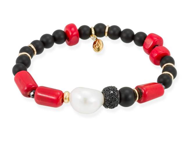 Bracelet CORAL  in golden silver de Marina Garcia Joyas en plata Bracelet in 18kt yellow gold plated 925 sterling silver, synthetic black spinel, matte black onyx beads, dyed bamboo coral and freshwater cultured pearl. (wrist size: 17,5 cm.)