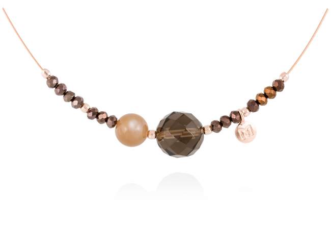 Necklace ZEN Brown in rose silver de Marina Garcia Joyas en plata Necklace in 18kt rose gold plated 925 sterling silver with faceted dark brown Strass glass, grey moonstone and faceted smoky quartz. (length: 40 cm.)