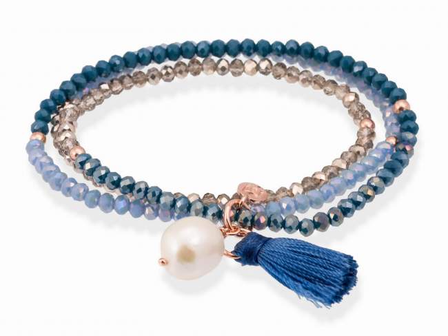 Pulsera ZEN Azul en plata rosa de Marina Garcia Joyas en plata Pulsera de plata de primera ley (925) chapada en oro rosa de 18kt con cristal de Strass facetado color triple azul y perla cultivada. (largo: 54 cm.)